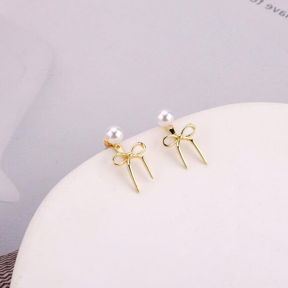 Women's Gold Dainty Pearl Bow Trendy Drop Dangle Earrings Statement Jewelry - Picture 4 of 7